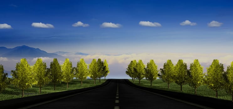 3d rendering of road in autumn with ginkgo in sunset