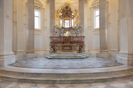 VENARIA REALE, ITALY - Circa January 2022: Baroque catholic church altar. Old interior religious building.