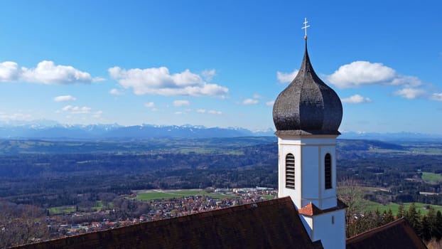 Aerial view with a drone of the pilgrimage church of the Assumption of the Virgin Mary on the Hohen Peienberg in Bavaria
