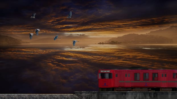 3d rendering of beautiful train and station with nice mountain