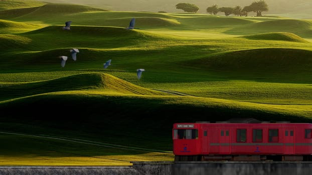3d rendering of beautiful train and station with nice mountain