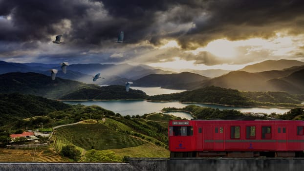 3d rendering of beautiful train and station with nice mountain