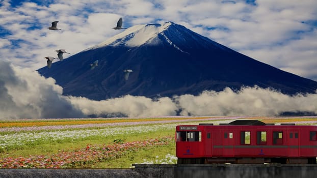 3d rendering of beautiful train and station with nice mountain