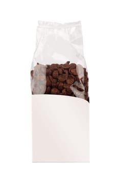 front view closeup of chocolate cornflakes breakfast cereals in tall transparent packaging isolated on white background