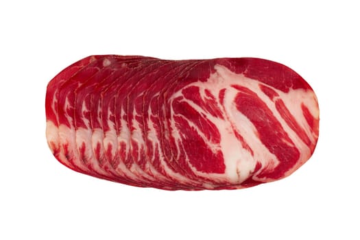 top view of slices of smoked pork loin ham with red color and fat isolated on white background