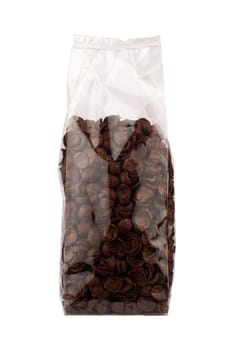 front view closeup of chocolate cornflakes breakfast cereals in tall transparent packaging isolated on white background