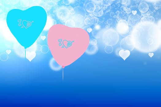Abstract festive blur light blue white pastel background with a pink and a turquoise large heart love bokeh for wedding card or Valentine day.  Romantic textured backdrop with space. Card concept.