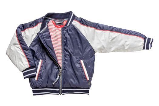 Childrens jacket for spring and autumn. Stylish blue white warm down jacket for kids isolated on a white background. Clipping path. Trendy fashion for child.