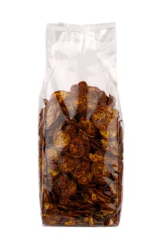 front view closeup of chocolate cornflakes breakfast cereals in tall transparent packaging isolated on white background