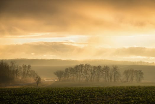 The winding road goes past green fields into the mountains. Dramatic sky. Sunrise. Fog