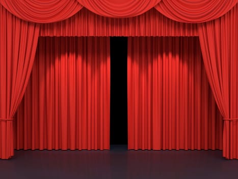 Red stage curtains. Luxury red velvet drapes, silk drapery. Realistic closed theatrical cinema curtain. Waiting for show, movie end, revealing new product, premiere, marketing concept. 3D illustration