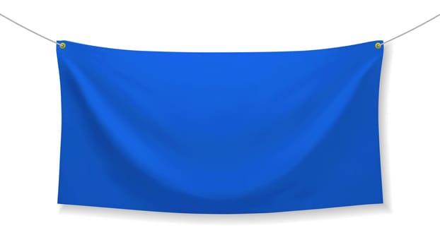 Blue fabric banner with folds, isolated on white background. Blank hanging fabric template. Empty mockup. Vector illustration
