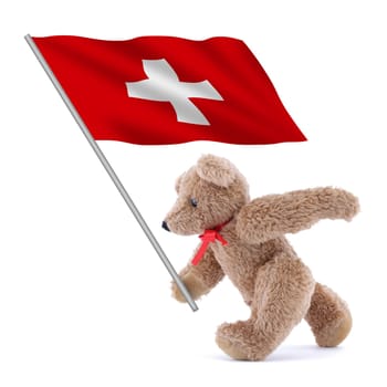 A Switzerland flag being carried by a cute teddy bear