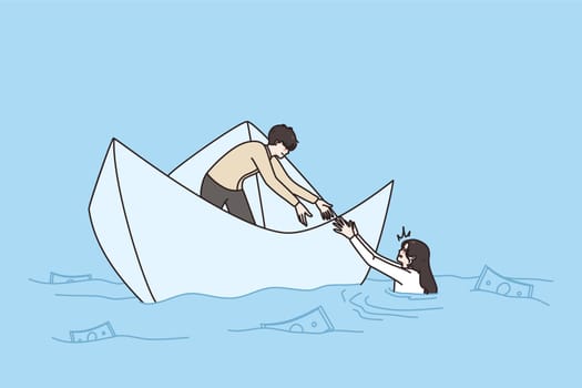 Man employee in ship help female colleague drowning in ocean. Businessman give stretch hand to woman coworker having business financial problems. Teamwork and cooperation. Vector illustration.