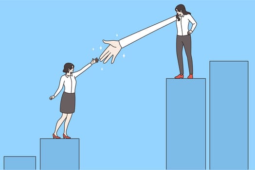 Businesswoman stretch hand help female colleague climb stairs overcome difficulties in business. Woman employee aid assist worker with goal achievement. Teamwork concept. Vector illustration.