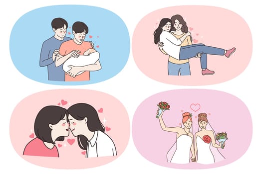 Lgbt lesbians and gays couple concept. Set of young positive women lesbians and men gays having rainbow in head marrying another woman kissing hugging adopting baby vector illustration