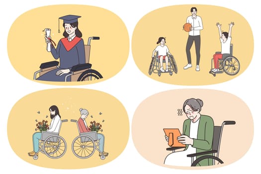 Lifestyle of wheelchair people concept. Set of young and elderly wheelchair people graduating from university playing basketball buying flowers feeling sad looking at photo vector illustration