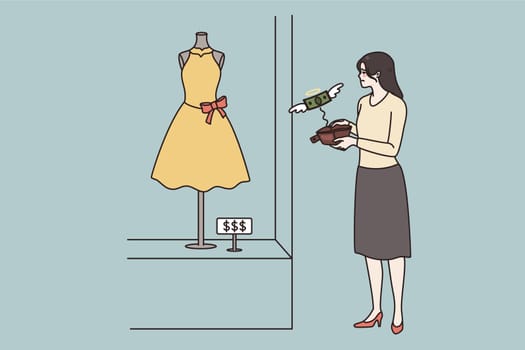 Young woman have financial problems dream of dress from clothing shop or boutique. Unhappy girl bankrupt look at garment in store window. Shopping and consumerism. Vector illustration.