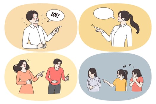 Smiling laughing and making fun concept. Set of young positive people smiling pointing with fingers laughing with open mouth making fun of girl at school vector illustration