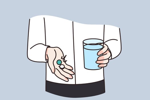 Close up of man hold medications and water glass cure from disease or illness. Guy take pills tablets to relieve sickness symptoms. Flu or fever relief. Healthcare and medicine. Vector illustration.