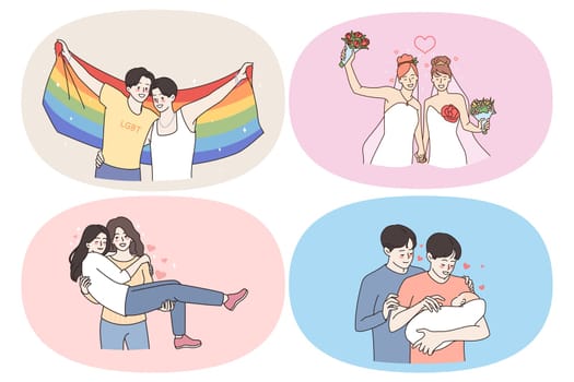 Lgbt people and Homosexual lifestyle concept. Set of young positive women lesbians and men gays having rainbow in head marrying another woman kissing hugging adopting baby vector illustration