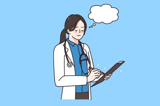 Young woman doctor in medical uniform write prescription in patient card or journal. Female nurse or GP with speech bubble above head note in folder. Medicine and healthcare. Vector illustration.