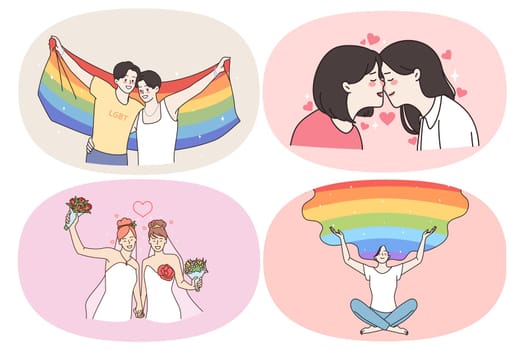 Homosexual relationships and love concept. Set of young positive women lesbians and gays having rainbow in head marrying another woman kissing and hugging vector illustration
