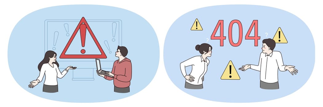 Technical problem and page not found concept. Set of business people having technical problems in computers and feeling frustrated with error on page vector illustration