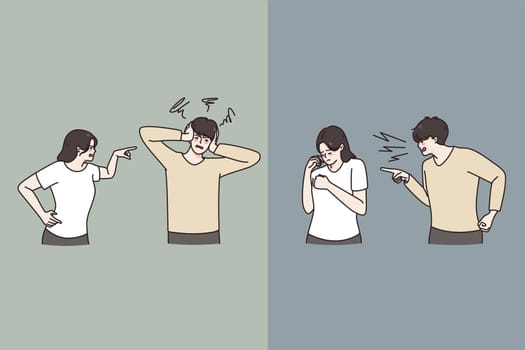 Angry man and woman fight quarrel think of divorce or split. Unhappy couple or spouse have misunderstanding. Separation and relationship problem. Abuse in relation. Vector illustration.