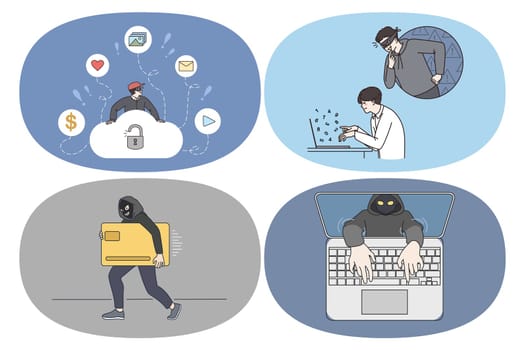 Online crime and robbery concept. Set of criminals thieves hackers in mask breaking laptops finding passwords and committing crimes online in internet vector illustration