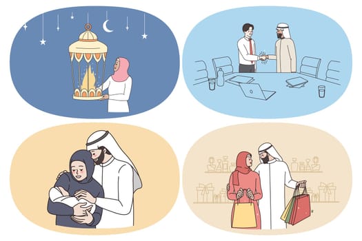 Business and family of arab people. Set of islamic people celebrating ramadan meeting international partners growing baby going shopping vector illustration