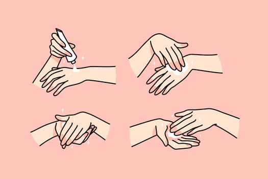Close up set of woman hands apply cream or lotion from bottle. Collection of girl put use balm on body. Skincare and hygiene concept. Beauty and cosmetics. Flat vector illustration.
