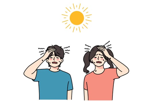 Unwell kids feel sweaty suffer from heatstroke have dizziness and headache. Unhealthy little children struggle with hot weather overwhelmed with sun. Health problem. Vector illustration.