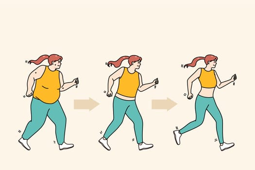Young woman in sportswear jogging lose weight. Overweight fat female do sports exercise train for good body shape. Diet and wellness concept. Flat vector illustration.