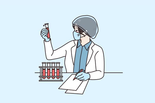 Woman scientist in medical uniform and hat work with tubes in laboratory. Female researcher or specialist experiment make discovery develop vaccine in lab. Research and science. Vector illustration.
