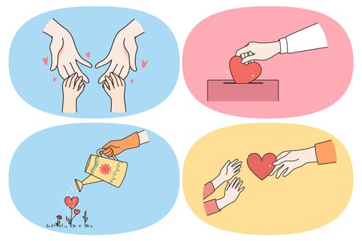 Love heart and help concept. Human hands touching babies hands putting heart to donation box watering love and giving heart to another person vector illustration