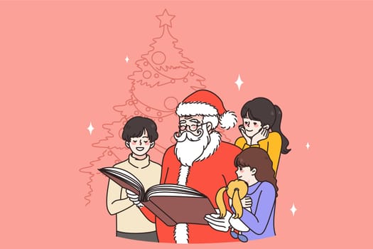 Happy old Santa Claus in costume near fir tree read book to excited small children. Smiling senior father Christmas enjoy fairytales with kids. New Year and winter holidays. Vector illustration.