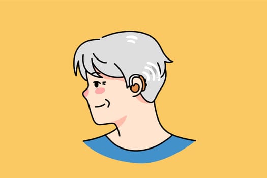 Old grey-haired man with hearing kit in ear have physical health problems. Senior male with acoustic aid for hear recovery. Elderly people trouble. Healthcare and medicine. Vector illustration.