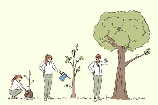 Ecological conversation and ecosystem concept. Young positive women planting watering and growing trees showing thumbs up sign vector illustration