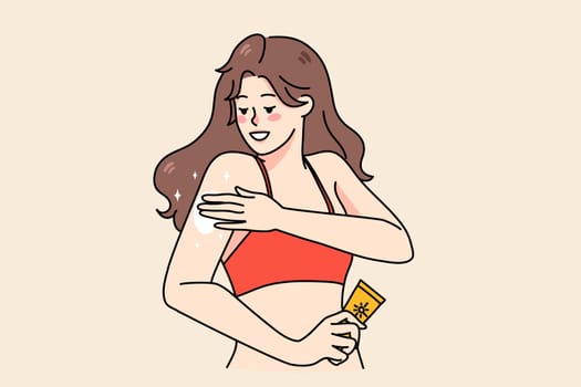 Young woman apply sunscreen lotion on arms protect from sun on beach. Girl take care of body skin during summer. Skincare and cosmetology concept. Flat vector illustration.