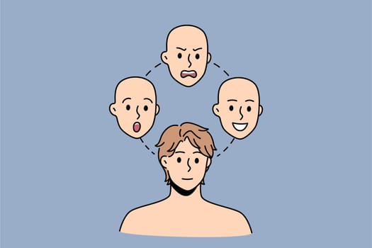 Face expression and moods concept. Young man choosing between surprised angry smiling and neutral positive face over blue background vector illustration