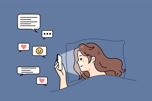 Young woman lying in bed before sleep text message online on smartphone. Addicted girl relax in bedroom surf social media on cellphone. Gadget addiction and technology. Flat vector illustration.