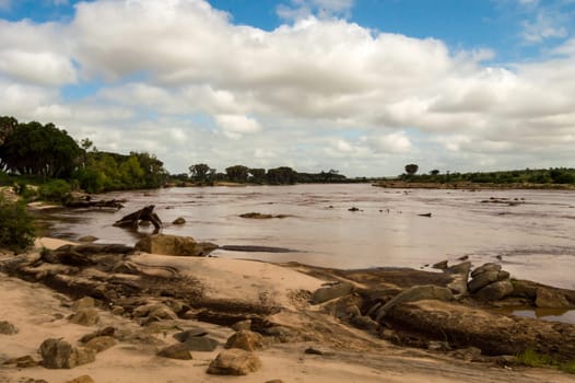 view of the galana river which runs through tsavo east park in kenya