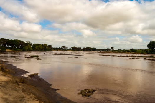 view of the galana river which runs through tsavo east park in kenya