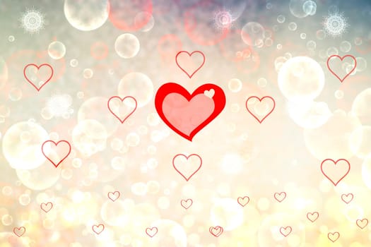 Wedding or valentine day card template. Abstract festive blur bright yellow pastel background with red hearts love bokeh and stars for wedding day.  Romantic textured backdrop with space.