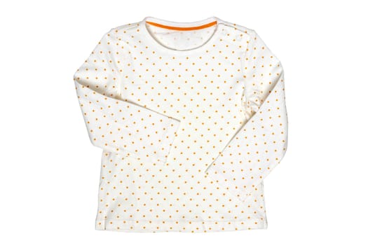 Summer shirt isolated. Closeup of a white baby girl shirt or t-shirt with yellow polka dots isolated on a white background. Clipping path. Children spring fashion.