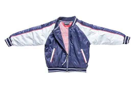 Childrens jacket for spring and autumn. Stylish blue white warm down jacket for kids isolated on a white background. Clipping path. Trendy fashion for child.