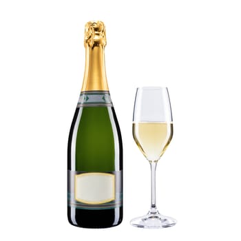 Close up of sparkling wine bottle with goblet isolated on white background. Food alcoholic beverages.