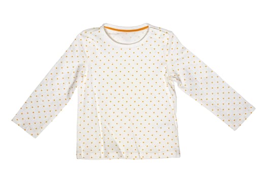 Summer shirt isolated. Closeup of a white baby girl shirt or t-shirt with yellow polka dots isolated on a white background. Children spring fashion.
