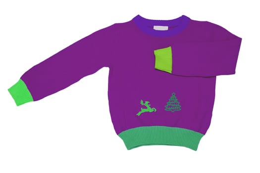 Top view of clothes for child boy isolated on a white background. A beautiful violet little child sweater or knitted cardigan. Autumn and winter fashion for kids.
